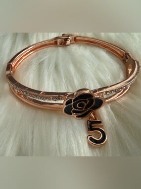 Rose Gold Black Enamel Flower Bracelet with Charm